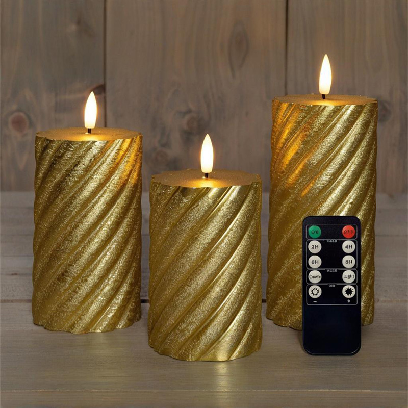 Set of 3 Golden Spiral LED Pillar Candles