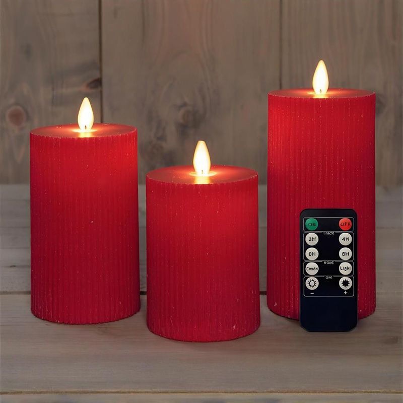 Set of 3 Red Flameless Pillar Candles with Remote