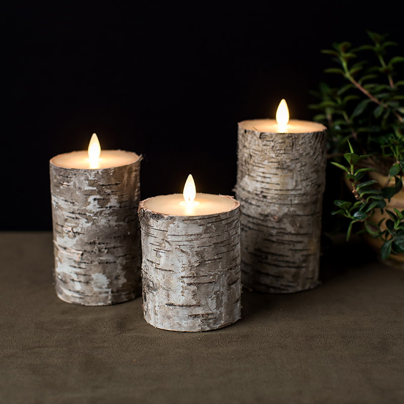 Set of 3 Birch Bark Battery Operated Pillar Candles