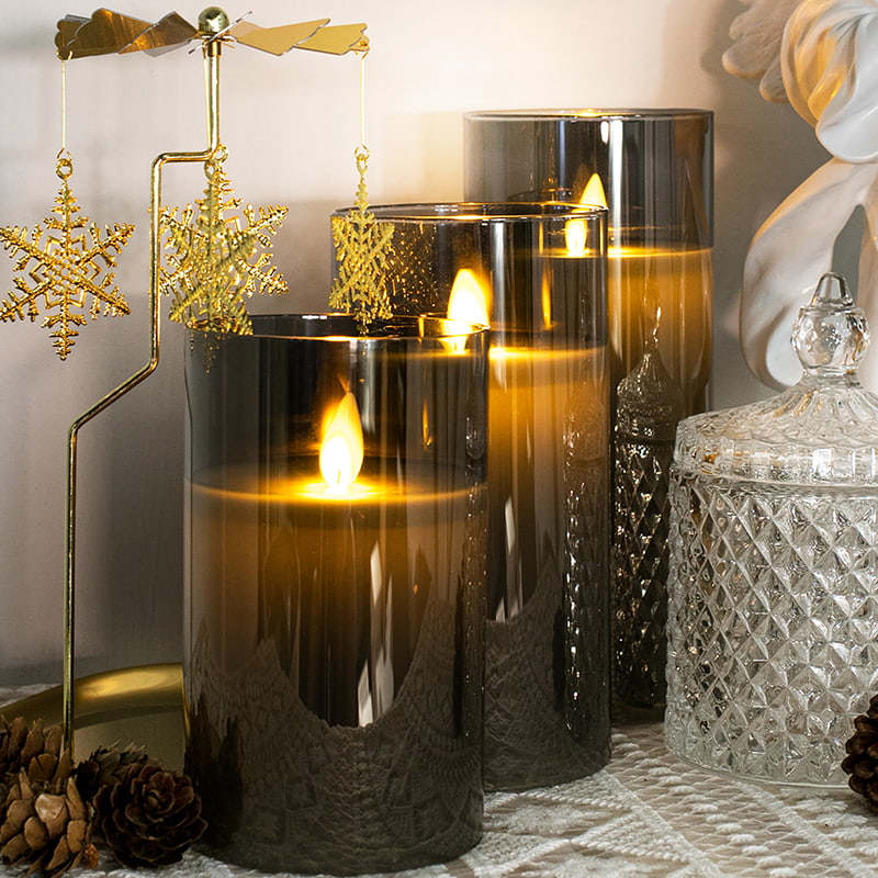 3 Pack Gray Flameless Glass Candles with Remote