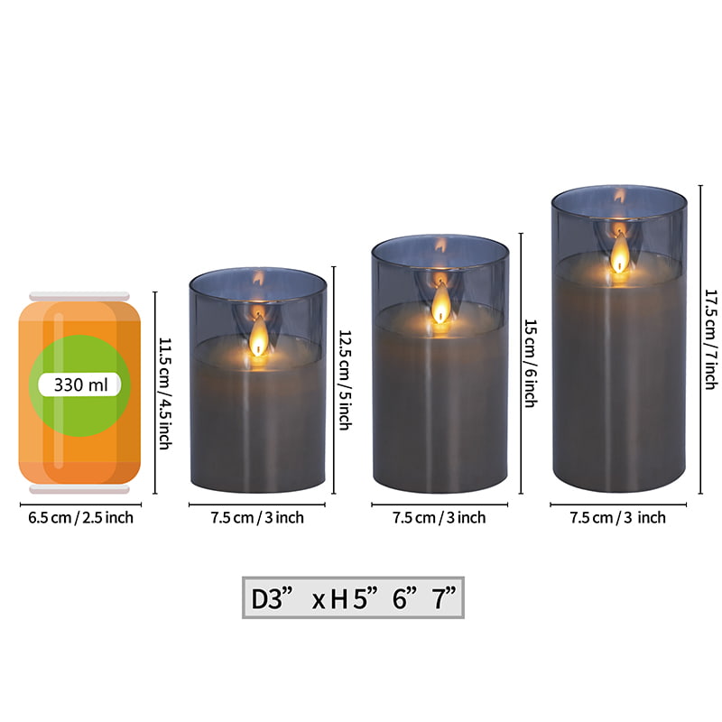 3 Pack Gray Flameless Glass Candles with Remote
