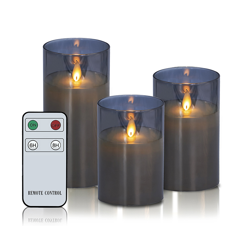 3 Pack Gray Flameless Glass Candles with Remote