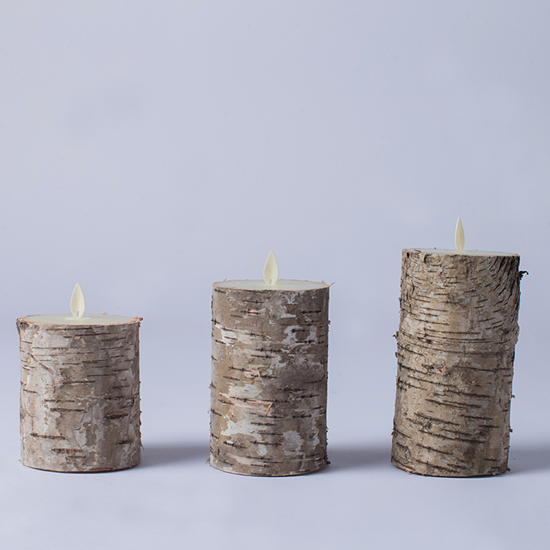Set of 3 Birch Bark Battery Operated Pillar Candles