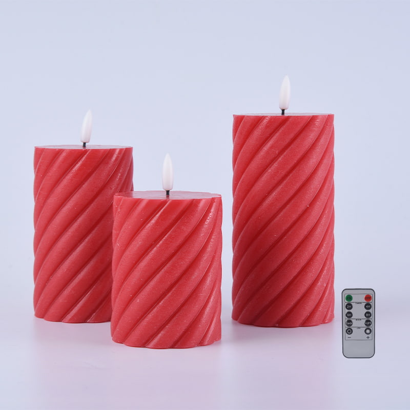 3 Pack Red Spiral Flameless Pillar Candles